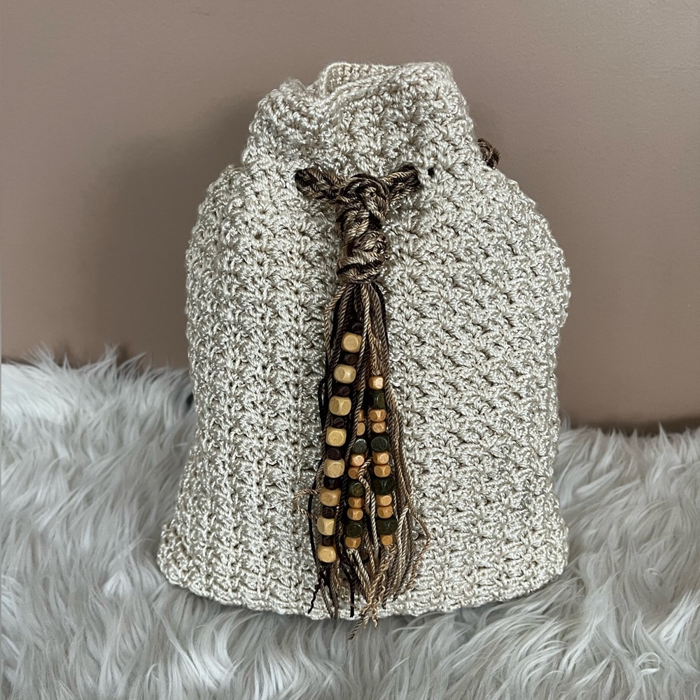 {The SAK} Crochet Drawstring Backpack Purse in Ivory